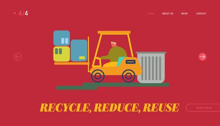 Recycling and Storage of Trash for Further Disposal Website Landing Page. Worker Driving Forklift Truck with Garbage for Waste Processing on Plant Web Page Banner. Cartoon Flat Vector Illustrationのイラスト素材