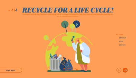 Earth Ecology Pollution Website Landing Page. Woman Scientist Looking in Test Tube Learning Environment Stand at Litter Bins, Science Investigations Web Page Banner. Cartoon Flat Vector Illustrationのイラスト素材