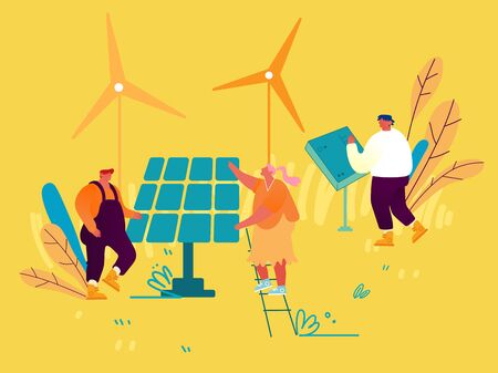 People Use Green Energy Concept. Clean Electricity from Renewable Sources Sun and Wind. Power Plant Station with Solar Panels and Wind Turbines on Yellow Background. Cartoon Flat Vector Illustrationのイラスト素材
