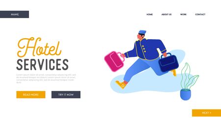 Hotel Hospitality Service Website Landing Page. Bell Boy Carrying Suitcases. Bellman Male Hotel Worker in Uniform Running with Luggage Meeting Guest Web Page Banner. Cartoon Flat Vector Illustrationのイラスト素材