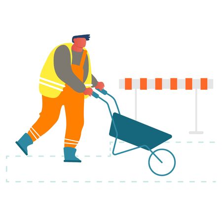 Builder Pushing Wheelbarrow Working on Construction Site or Road Repair. Laborer Wearing Orange Uniform and Vest Using Manual Cart for Removing Soil, Sand and Material Cartoon Flat Vector Illustrationのイラスト素材
