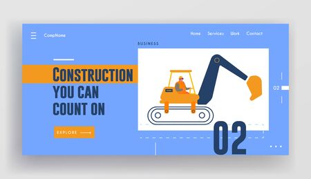 Builder Riding Heavy Excavator Working at Road Repair Website Landing Page. Special Heavy Machine for Crushing Old Asphalt Pavement or Ground on Site Web Page Banner. Cartoon Flat Vector Illustrationのイラスト素材