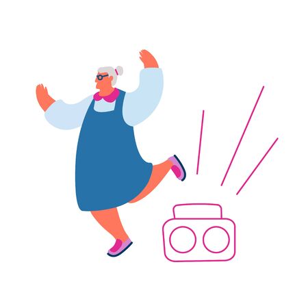 Active Old Woman Dance Leisure or Hobby. Cheerful Senior Pensioner Lady in Fashioned Sunglasses Dancing and Relaxing near Tape Recorder Isolated on White Background. Cartoon Flat Vector Illustrationのイラスト素材