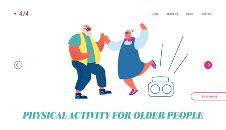 Senior Couple Dancing Website Landing Page. Elderly People Active Lifestyle, Old Stylish Man and Woman Spend Time Together Having Disco Leisure Relax Web Page Banner. Cartoon Flat Vector Illustrationのイラスト素材