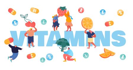 Vitamins in Food Concept. Tiny People Characters with Ripe Fruits and Vegetables. Vegetarian Diet, Healthy Fortified Nutrition Superfood Poster Banner Flyer Brochure. Cartoon Flat Vector Illustrationのイラスト素材