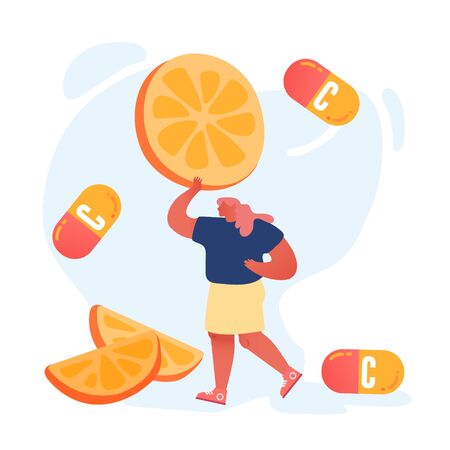 Young Woman Holding Huge Orange or Lemon Slice. Vitamins in Fruits and Citrus Eco Products, Healthy Lifestyle and Organic Food Choice as Source of Energy and Health. Cartoon Flat Vector Illustrationのイラスト素材