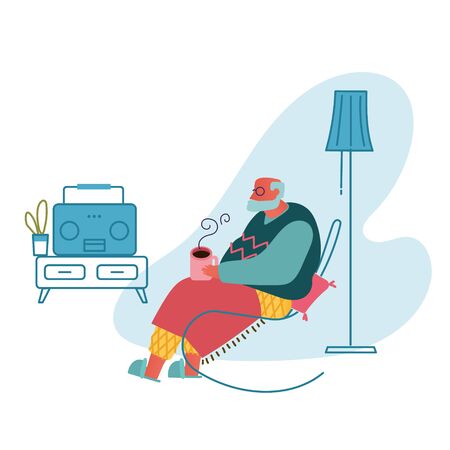 Senior Grey Haired Man in Glasses Sitting in Armchair Drinking Tea and Listening Music on Radio. Aged Male Character Sparetime, Leisure and Hobby in Nursing Home. Cartoon Flat Vector Illustrationのイラスト素材