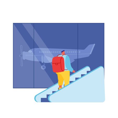Passenger Male Character with Backpack Going Up by Moving Staircase in Airport Hall Departure Terminal Interior. Young Tourist on Escalator Wait Airplane Registration. Cartoon Flat Vector Illustrationのイラスト素材