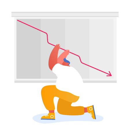 Businessman or Stock Market Trader Shocked about Red Arrow Diagram Going Down. Investor Lose Profit and Money Income. Trading Risks and Defaulted Economy Crisis Cartoon Flat Vector Illustrationのイラスト素材