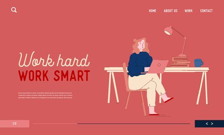 Brainstorm Process Website Landing Page. Businesswoman Sit at Office Desk with Heap of Folders and Paper Documents Working Laptop, Having Creative Idea Web Page Banner Cartoon Flat Vector Illustrationのイラスト素材