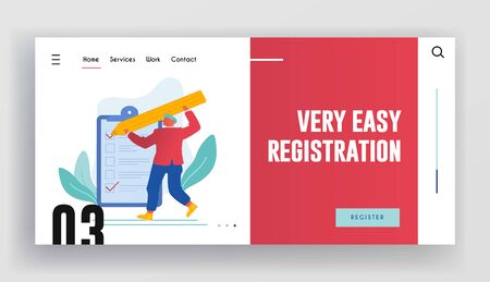 Planning Deals or Thinking New Ideas Website Landing Page. Businessman Put Marks into Check Boxes Filling Checklist on Huge Clipboard Search Solution Web Page Banner. Cartoon Flat Vector Illustrationのイラスト素材