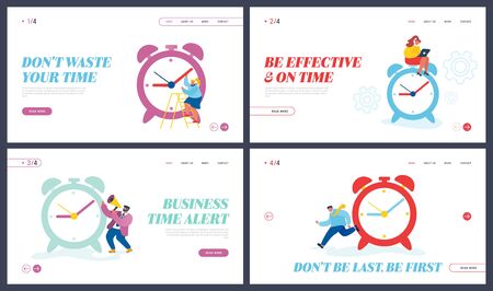 Business Process, Time Management Website Landing Page Set. Busy Businesspeople and Huge Alarm Clockのイラスト素材