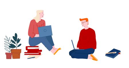 Man and Woman Students Sit on Floor with Books around and Laptops in Hands Watching Webinar Learn Distanceのイラスト素材