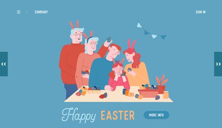 Happy Family Prepare for Easter Holiday Celebration Website Landing Page. Parents, Grandparents and Little Girl in Rabbit Ears Painting Eggs Web Page Banner. Cartoon Flat Vector Illustration, Line Artのイラスト素材