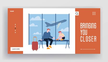 Father Traveling with Son on Summer Vacation Website Landing Page. Young Man and Little Boy in Airport Terminal Waiting Area, Airplane Fly in Sky. Web Page Banner. Cartoon Flat Vector Illustrationのイラスト素材