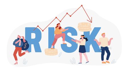 Financial Risk and Economy Crisis Concept. Blindfold Businesspeople Walk around Arrow Diagram Going Down. Investment Fail, Money Problem Poster Banner Flyer Brochure. Cartoon Flat Vector Illustrationのイラスト素材