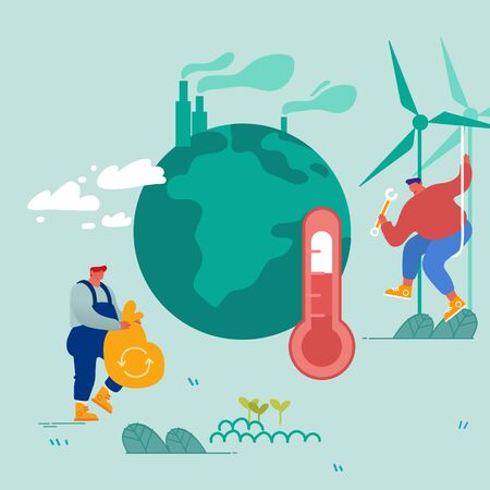 Global Warming Concept. Man Collect Garbage, Worker Set Up Windmills. People Care of Plants and Earth, Factory Pipes Emitting Smoke. Pollution Smog Co2 Gas Emission Cartoon Flat Vector Illustrationのイラスト素材