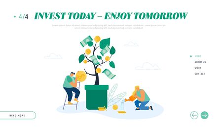 Businesspeople Growing Money Tree, Creating Savings Website Landing Page. Banking Income and Investment People Harvesting Profit, Bank Deposit Success Web Page Banner. Cartoon Flat Vector Illustrationのイラスト素材