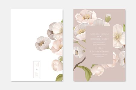 Romantic Trendy Wedding Ceremony Invitation Cards Set. White Cherry Sakura Flowers with Leaves on Beige Background. Nature Art Poster Banner Flyer Brochure Templates Cartoon Flat Vector Illustrationのイラスト素材