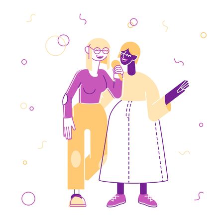 Cheerful Girls Couple Singing Song in Karaoke Bar Standing with Microphones on Stage of Nightclub. Weekend Sparetime, Creative Hobby, Corporate Party Tv Show Cartoon Flat Vector Illustration, Line Artのイラスト素材