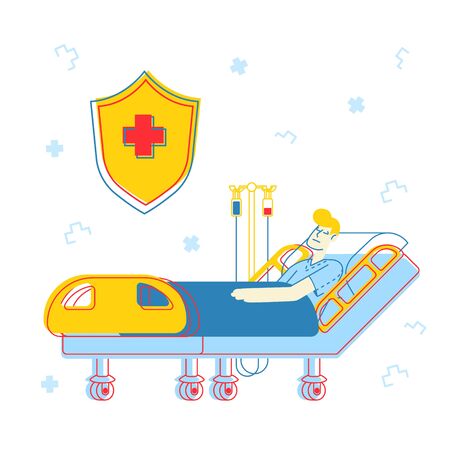 Healthcare Concept. Sick Injured Patient Lying in Medical Bed with Dropper. Clinic Ward Hospital Interior, Recovery after Virus Disease or Intoxication, Cartoon Flat Vector Illustration, Line Artのイラスト素材