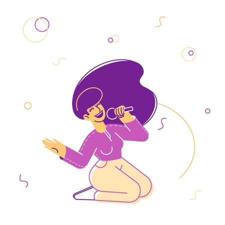 Woman Cheering, Dancing and Performing on Stage with Song Composition in Karaoke Bar. Artist Singing at Music Event or Concert, Corporate Party Leisure. Cartoon Flat Vector Illustration, Line Artのイラスト素材