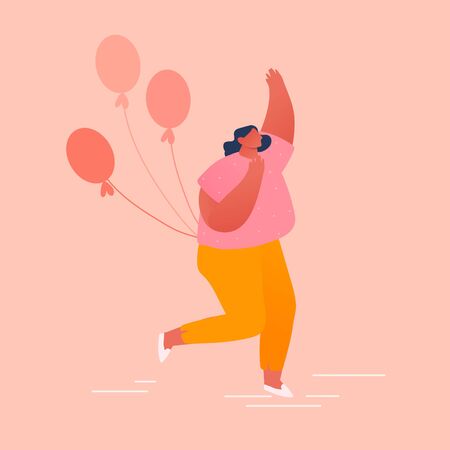 Baby Shower Party or Birthday Event Celebrating, Cheerful Female Character Holding Bunch of Air Balloons, Present for Pregnant Woman Celebration, Soon Baby Appearance. Cartoon Flat Vector Illustrationのイラスト素材