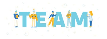 Business Team Concept . Businessmen Businesswomen Perfect Teamworking Group Work Together on Creative Project, Office Employees Poster Banner Flyer Brochure Cartoon Flat Vector Illustration., Line Artのイラスト素材