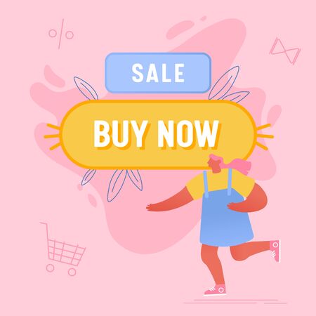 Woman Running near Huge Buy Now Button and Shopping Icons Flying around. Big Sale Promo Campaign, Internet Purchase, Consumer Buying Goods Online, Girl Shopaholic Cartoon Flat Vector Illustrationのイラスト素材