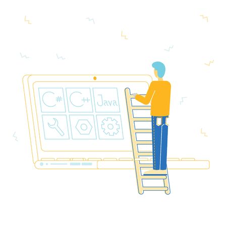 Software Development Concept. Programmer Make Site or Web Interface Project. Website Designer Developer Social Media Wireframe Front End Programming, Coding. Cartoon Flat Vector Illustration, Line Artのイラスト素材