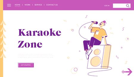 Music Entertainment Leisure Website Landing Page. Young Man Sitting on Dynamics on Stage Singing Song at Karaoke Bar or Night Club, Relax Web Page Banner. Cartoon Flat Vector Illustration, Line Artのイラスト素材