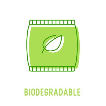 Biodegradable Organic Waste Concept. Recycling Plastic Bag with Green Leaf Isolated on White background. Icon for Ecological Poster, Bio Banner or Nature Protection Brochure. Vector Illustrationのイラスト素材