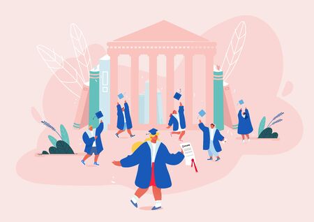 Group of Students Characters in Graduation Gowns and Caps Rejoice, Jumping and Cheering Up Happy to Get Diploma Certificate and Finish University or College Education Cartoon Flat Vector Illustrationのイラスト素材