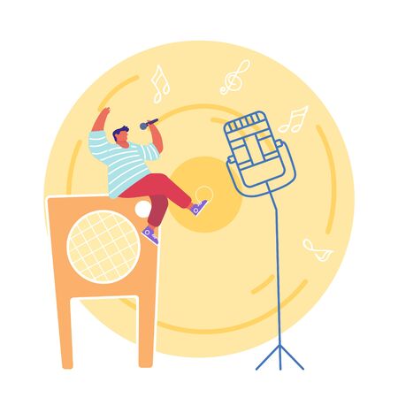 Young Man Sitting on Huge Dynamics on Stage Holding Microphone and Singing Song at Karaoke Bar or Night Club. Music Entertainment Leisure, Hobby Cartoon Flat Vector Illustration, Line Art, Round Iconのイラスト素材