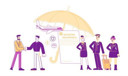 Aviation Insurance, Aircraft Industry, Airline Safety, Security and Money Compensation. Agent Shaking Hand to Client, Pilot and Air Hostess near Huge Umbrella Cartoon Flat Vector Illustration Line Artのイラスト素材