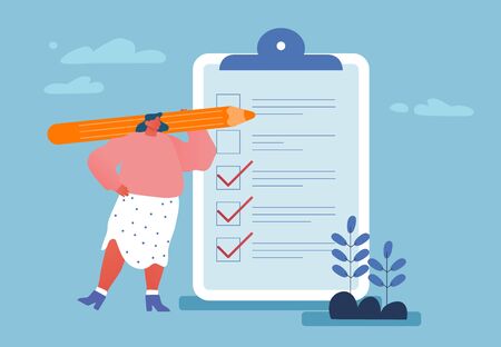 Business Lifestyle, Time Management. Businesswoman Holding Huge Pencil near Clip Board with To-do List or Tasks for Delegating to Partners and Coworkers in Office. Cartoon Flat Vector Illustrationのイラスト素材