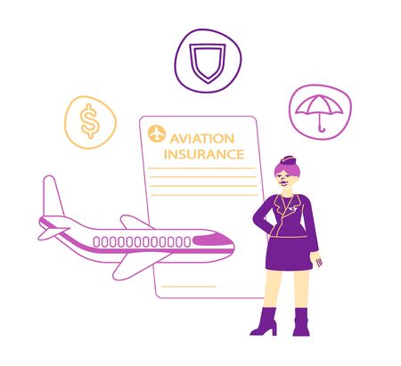 Aviation Insurance Concept. Stewardess Stand near Paper Policy Document and Flying Airplane. Aerial Travel Financial Guarantee Contract, Friendly Air Hostess Cartoon Flat Vector Illustration, Line Artのイラスト素材
