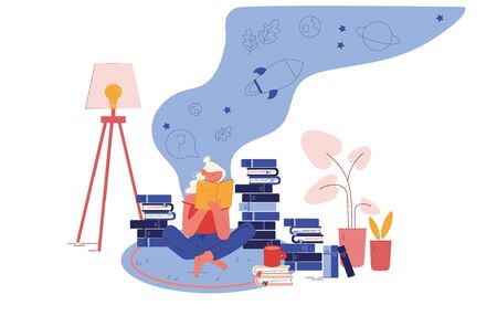 Education, Reading Hobby Concept. Woman Sitting on Floor with Cup of Tea Reading Books. College or University Student Prepare to Exam, Character Gaining Knowledge Cartoon Flat Vector Illustrationのイラスト素材