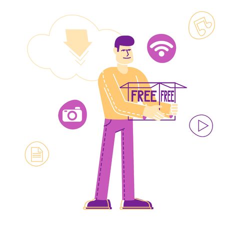 Man Holding Huge Box in Hands with Media Icons for App around. Character Using Free Download Internet and Torrent Network Services. Wireless Wifi Connection Cartoon Flat Vector Illustration, Line Artのイラスト素材