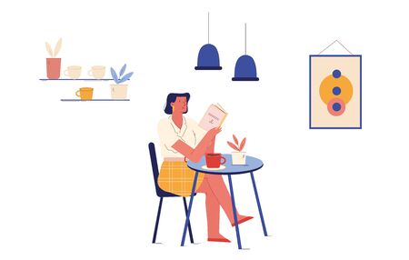 Young Girl Relaxing Sitting at Table with Coffee Cup and Reading Interesting Book. Woman Visiting Cafe, Female Customer Character Read in Recreational Public Place Cartoon Flat Vector Illustrationのイラスト素材