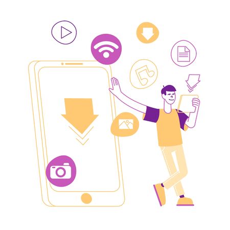 User Character Stand at Huge Mobile Phone with Free Download Arrow Sign on Smartphone Screen. Man Downloading Music, Movies, Pictures Media Internet Content Cartoon Flat Vector Illustration, Line Artのイラスト素材