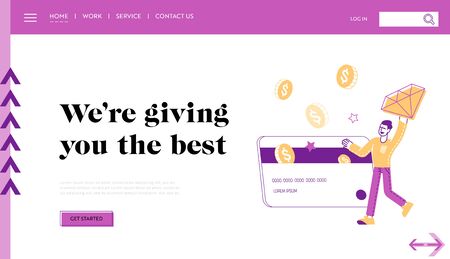 Loyalty Program for Regular Clients Landing Page Template. Man Character Hold Brilliant with Golden...