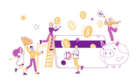 People Use Bonus Card, Loyalty Program Concept. Tiny Characters Holding Huge Golden Coins, Earn Reward, Redeem Gift and Perks. Brilliant and Gift Boxes at Huge Piggy Bank. Linear Vector Illustrationのイラスト素材