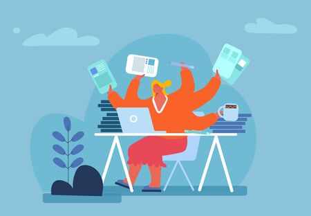 Delegation of Charges and Multitasking. Busy Woman with Many Hands Sitting at Workplace with Laptop Holding Stationeryのイラスト素材