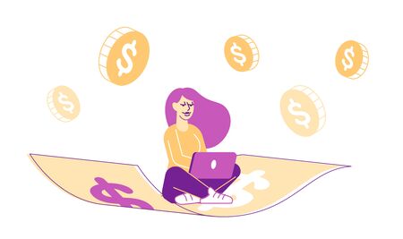 Successful Happy Businesswoman Flying on Money Carpet Working on Laptop with Dollar Coins around. Start Up Project Success, Financial Stability, Profit and Income Growth. Linear Vector Illustrationのイラスト素材