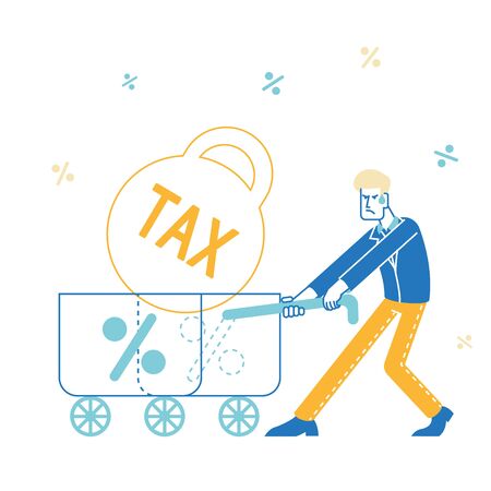 Businessman Character Dragging Huge Trolley with Heavy Bob and Percent Signs around. Business Man Having Unbearable Bank Loan, Tax Burden Payment Obligation, Financial Debt. Linear Vector Illustrationのイラスト素材