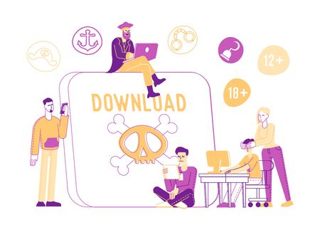 Pirate Content Free Download Concept. Characters around of Huge Tablet Pc with Jolly Roger Transfer and Sharing Files Using Torrent Servers Services, Online Media. Linear People Vector Illustrationのイラスト素材