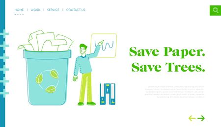 Reduce Earth Pollution, Deforestation Landing Page Template. Man Performing Growing Arrow Chart with Statistics Information of Using and Recycling Paper Waste Data Graph. Linear Vector Illustrationのイラスト素材