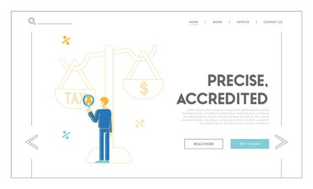 Taxpayers Payment, Financial Bankruptcy Business Taxation Landing Page Template. Businessman Character Look through Magnifying Glass on Tax at Huge Scales, Bank Loan. Linear Vector Illustrationのイラスト素材