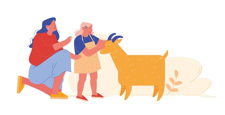 Mother and Daughter in Farm Outdoor Zoo. Mom with Little Girl Petting Goat, Spending Time with Domestic Animals. Happy Family Characters in Park at Countryside. Cartoon People Vector Illustrationのイラスト素材